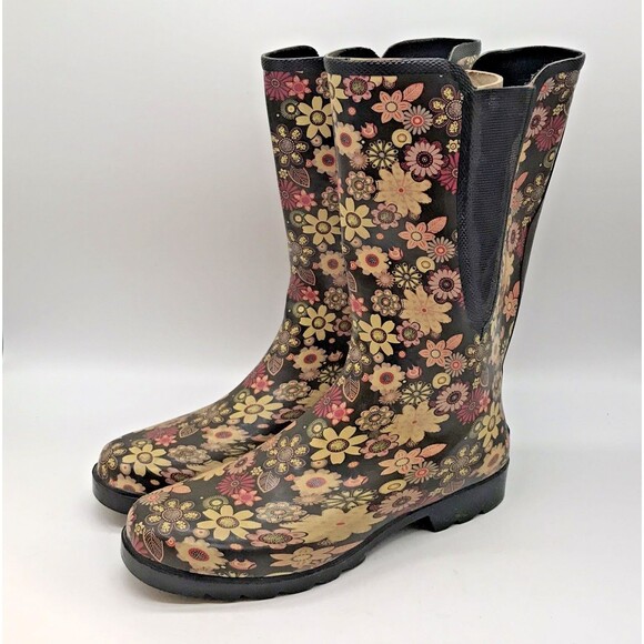 Puddletons Cozy Classic 11" Tall Rain Boots Women's 10 Floral Gussets Waterproof - Picture 3 of 11